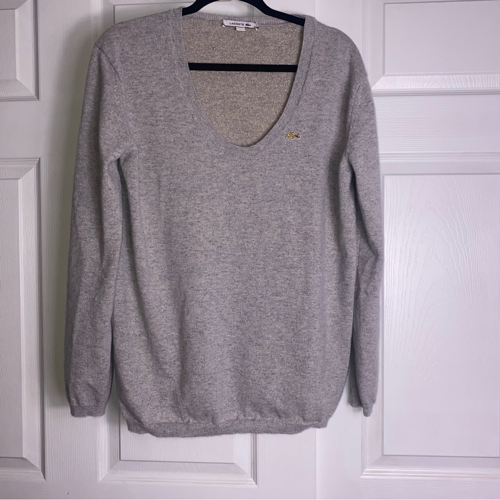 Lacoste Special Edition Gray & Gold Shimmer Cashmere and Silk V-Neck Sweater